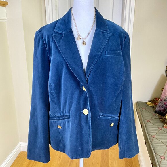 Old Navy Blazer Y2K Velvet Mid Blue Single Breasted Gold Button Plus Cotton (2X) - Picture 1 of 8
